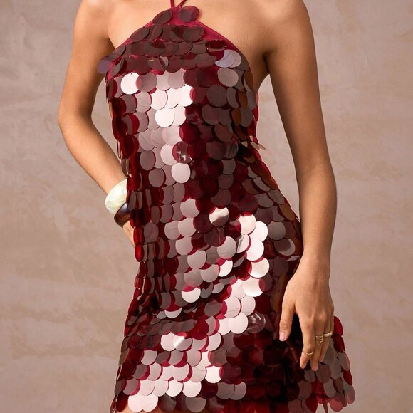 Burgundy Preppy Women's Sheer Sequin Halter Mini Dress - Picture 2 of 5